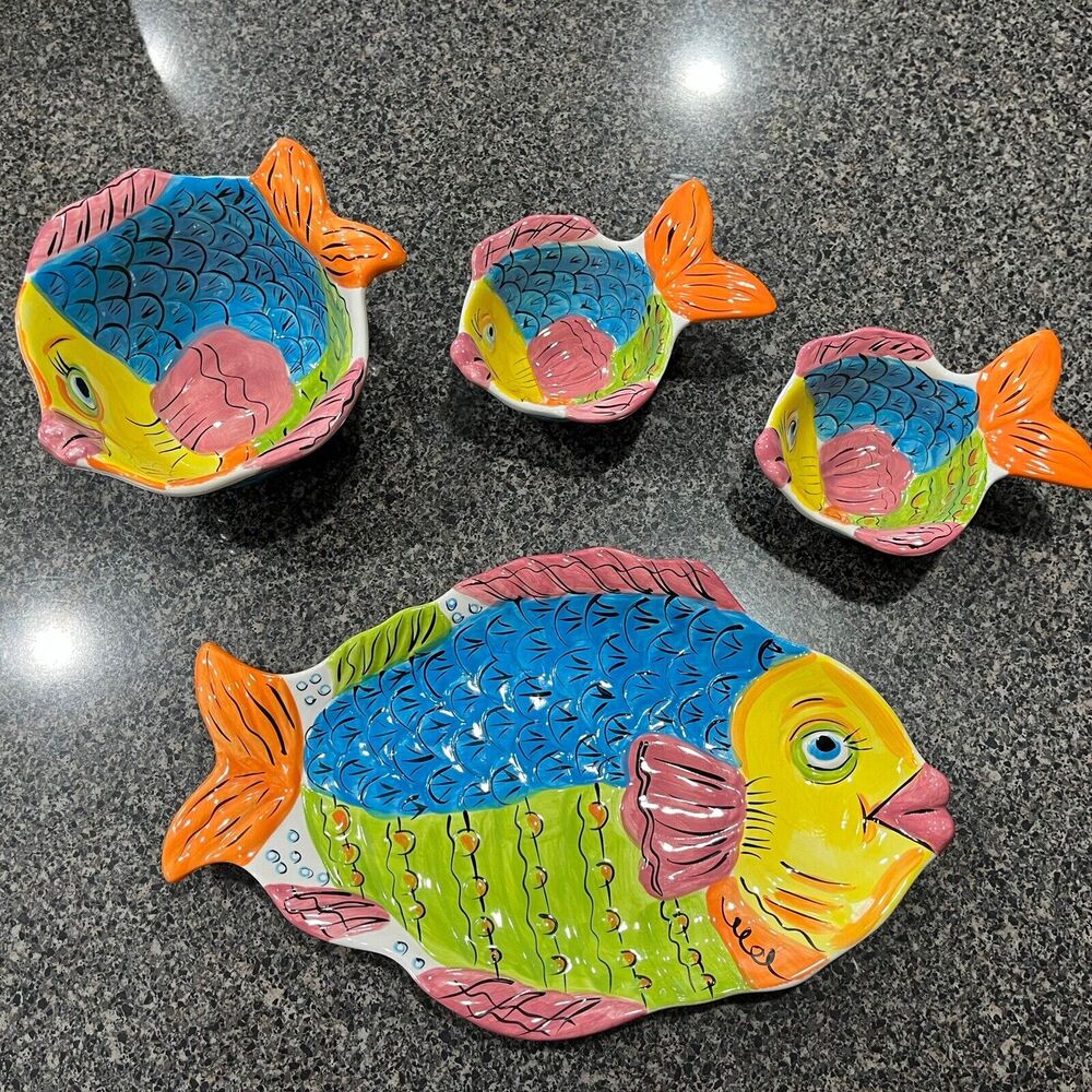 Tabletops Gallery | RARE HTF Coastal Pescada Hand Painted Fish 4 Dish Tropical